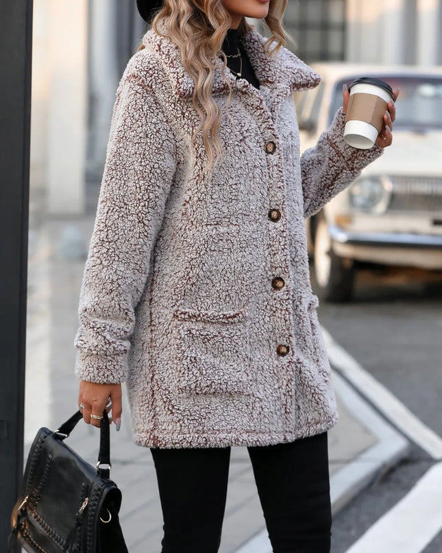 Pocketed Collared Neck Long Sleeve Plush Jacket