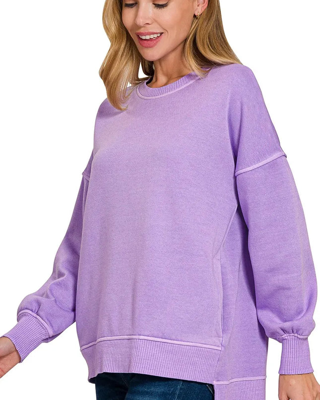 Zenana Pigment Dye Fleece Hi-low Hem Sweatshirt With Pocket LAVENDER