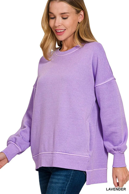 Zenana Pigment Dye Fleece Hi-low Hem Sweatshirt With Pocket LAVENDER