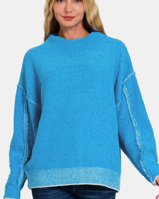Zenana Exposed Seam Mock Neck Long Sleeve Sweater