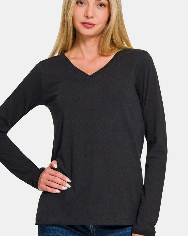 Zenana Full Size V-Neck Long Sleeve T-Shirt Black