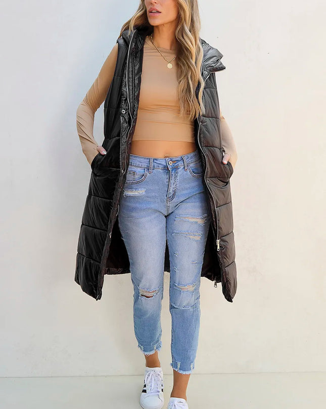 Longline Hooded Sleeveless Puffer Vest