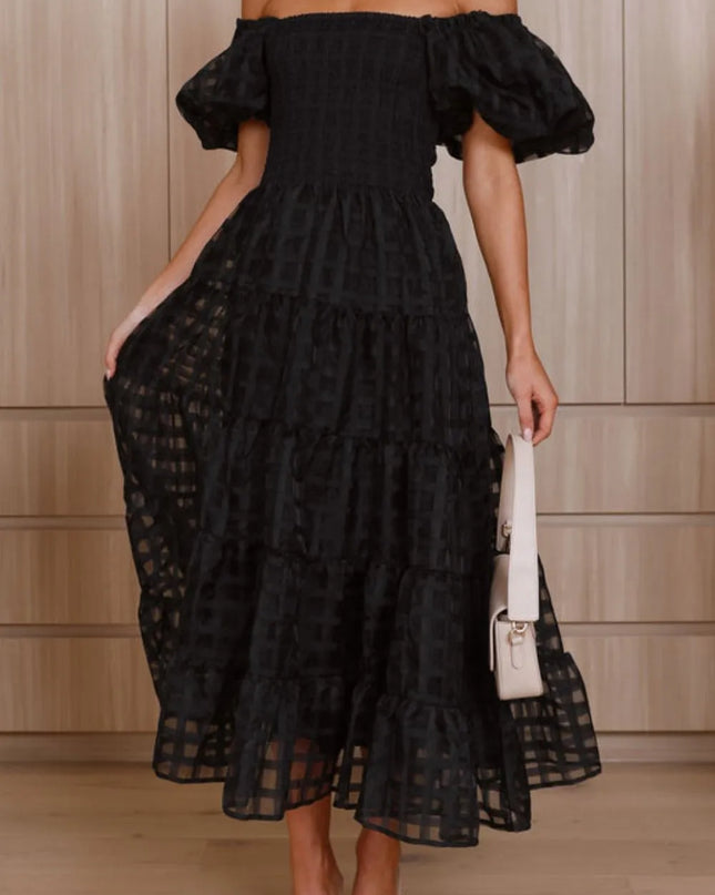 Off Shoulder Short Puff Sleeve Midi Dress