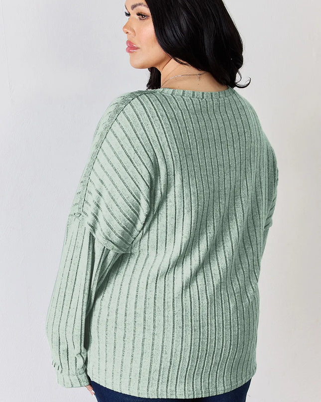 Basic Bae Full Size Ribbed Half Button Long Sleeve T-Shirt