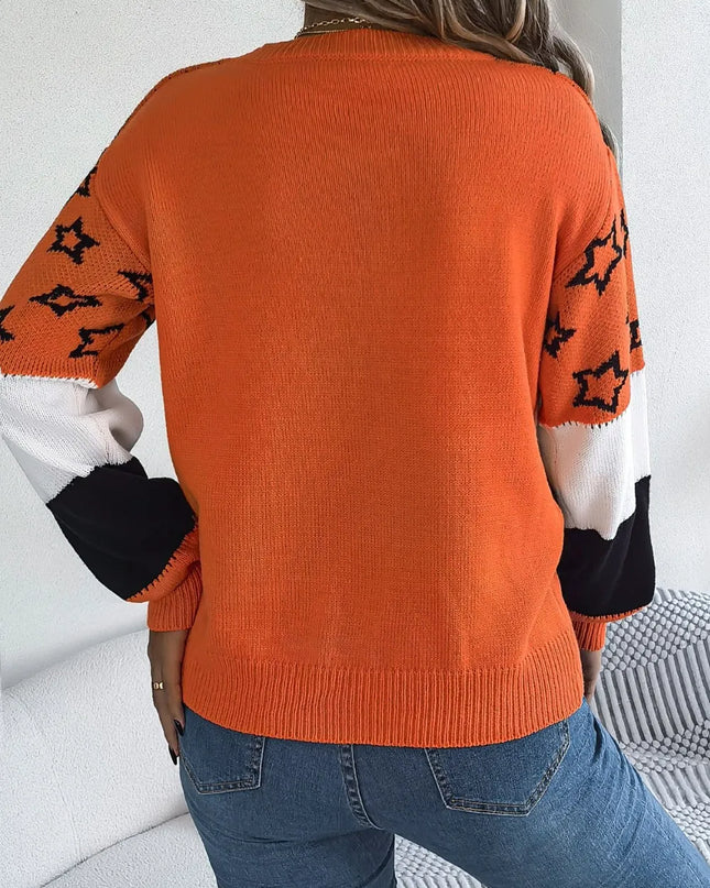 Star Contrast Round Neck Sweater