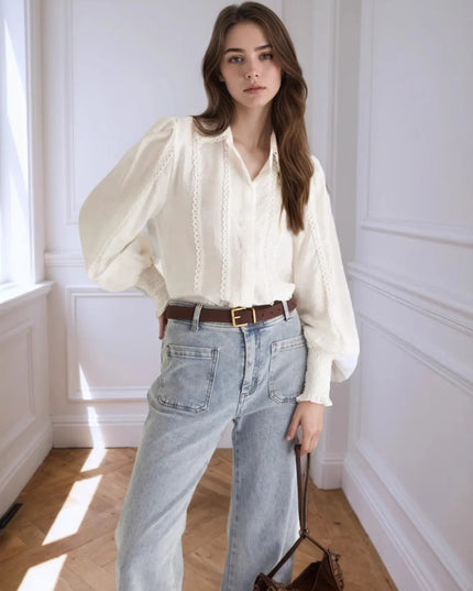 Collared Neck Lantern Sleeve Shirt White