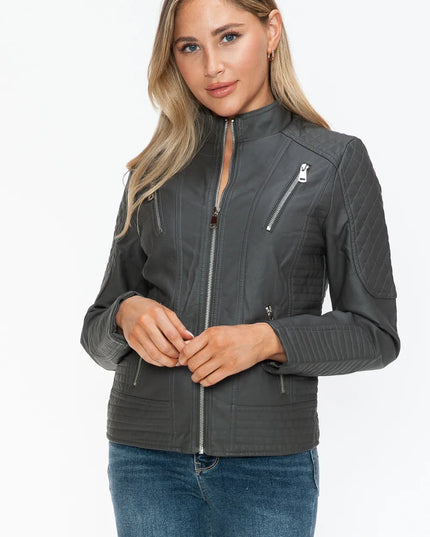 Snobbish Faux Leather Zip Up Mock Neck Jacket