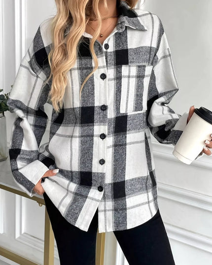Oversized Plaid Button Up Shirt Grey