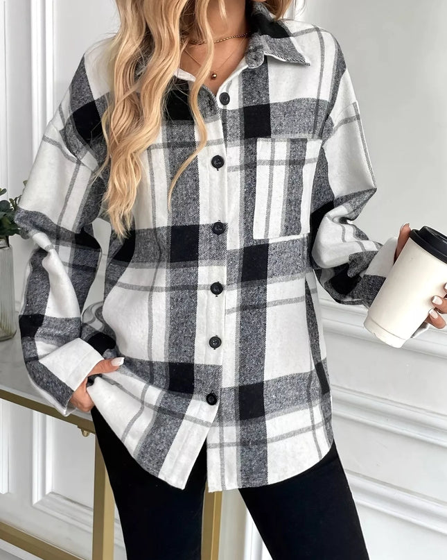 Oversized Plaid Button Up Shirt Grey