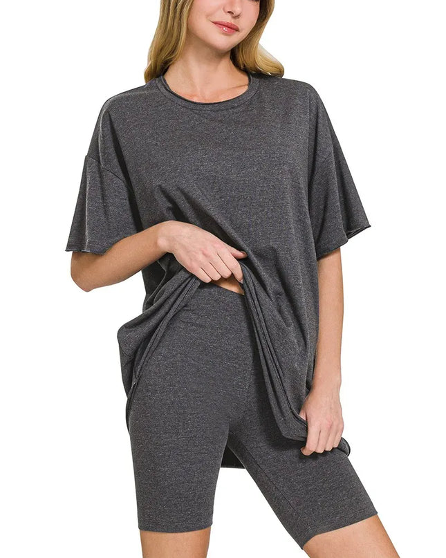 Zenana Cotton Round Neck Top & Biker Shorts