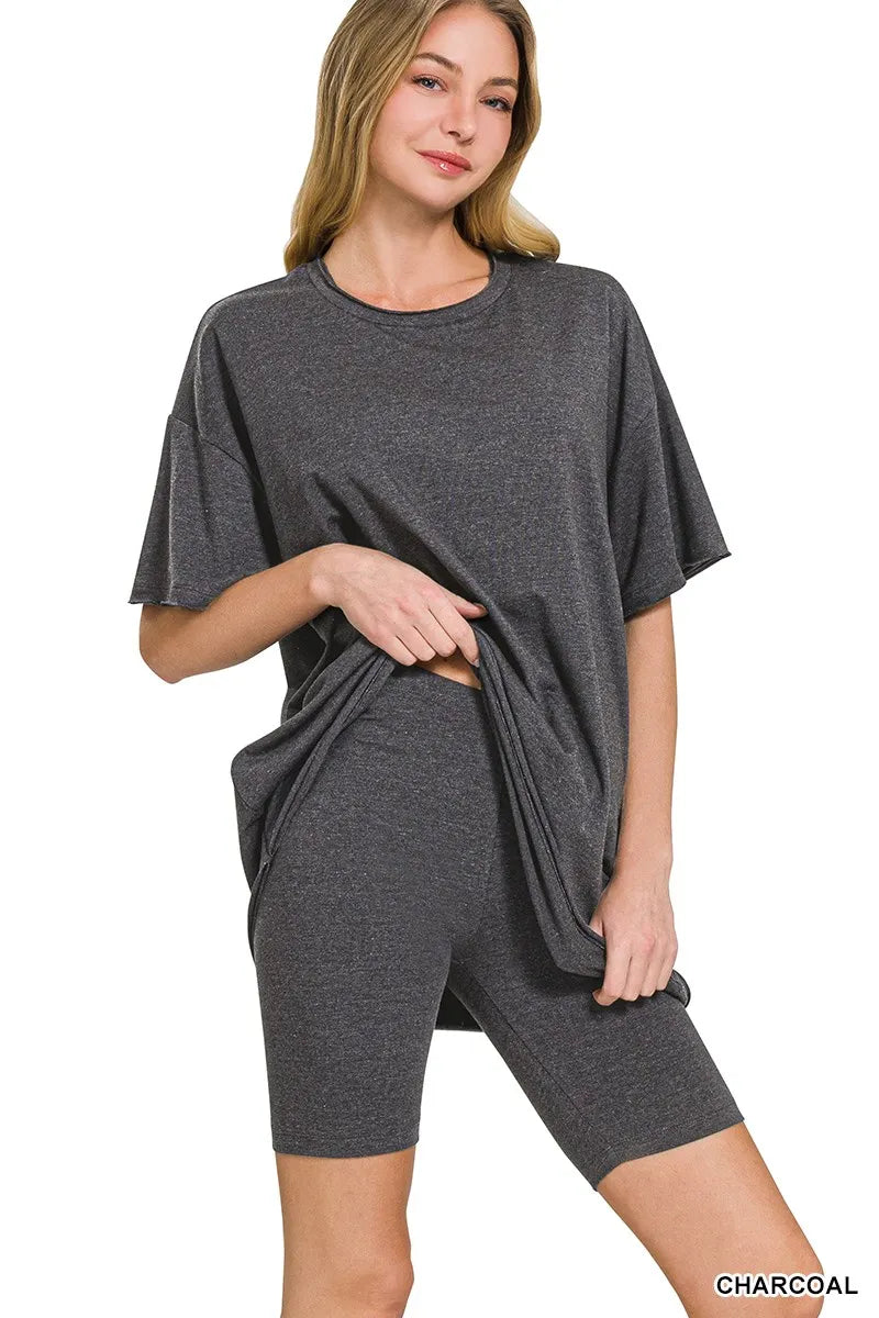 Zenana Cotton Round Neck Top & Biker Shorts