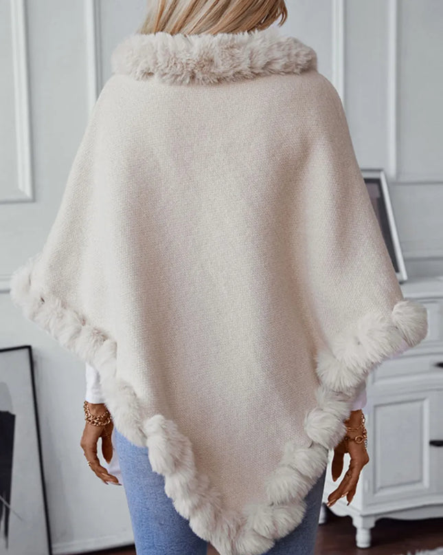 Fuzzy Trim Texture Three-Quarter Sleeve Poncho