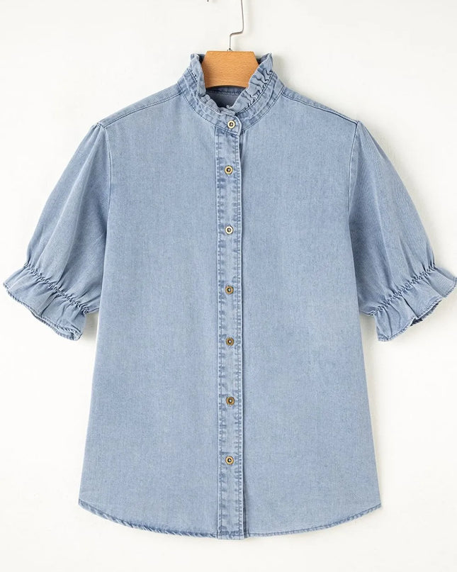 Ruffle Short Puff Sleeve Button Down Denim Shirt 