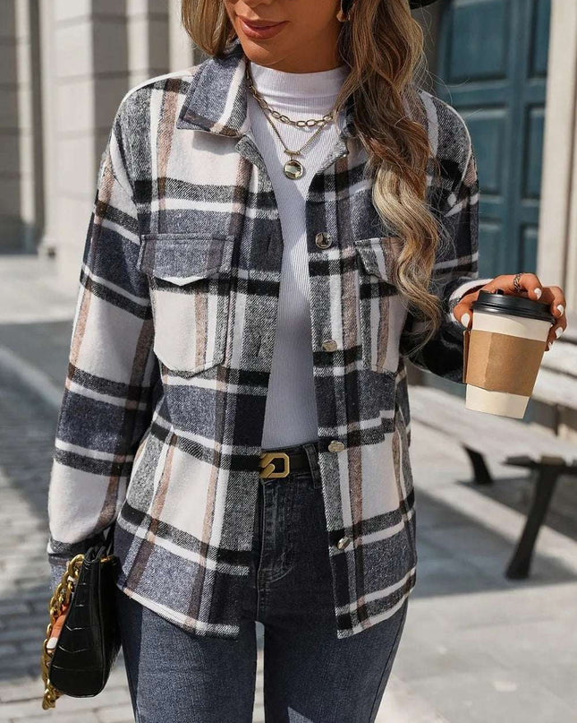Plaid Button Up Drop Shoulder Jacket