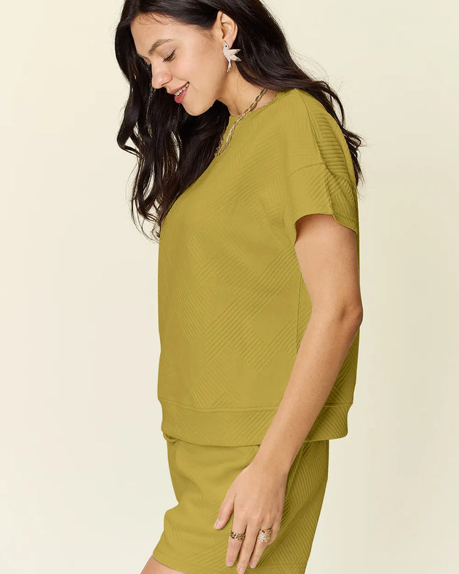 Double Take Full Size Texture Short Sleeve T-Shirt and Drawstring Shorts Set