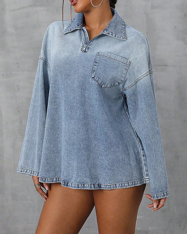 Collared Neck Drop Shoulder Denim Top