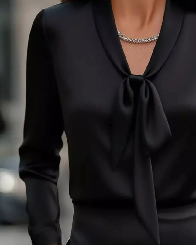 Satin Tie Front Long Sleeve Blouse