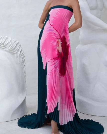 Pleated Printed Tube Floor Length Dress Black