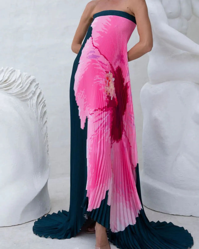 Pleated Printed Tube Floor Length Dress Black