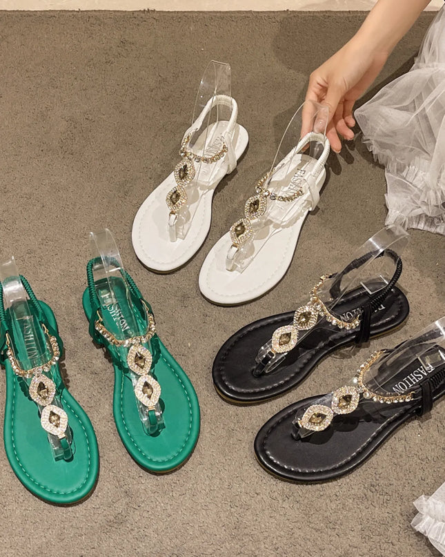Rhinestone T-Strap Flat Sandals 