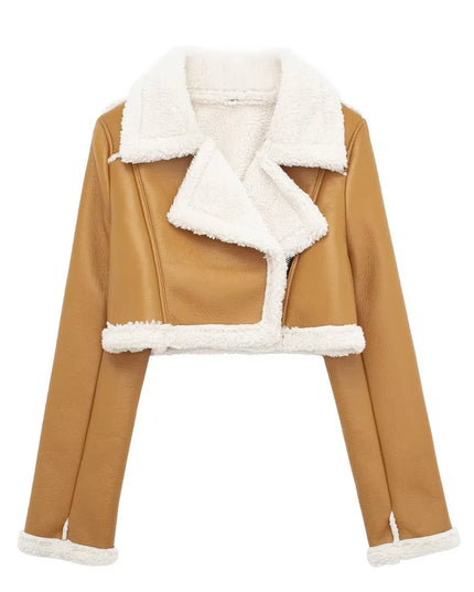 Collared Neck Long Sleeve Plush Cropped Jacket Mustard