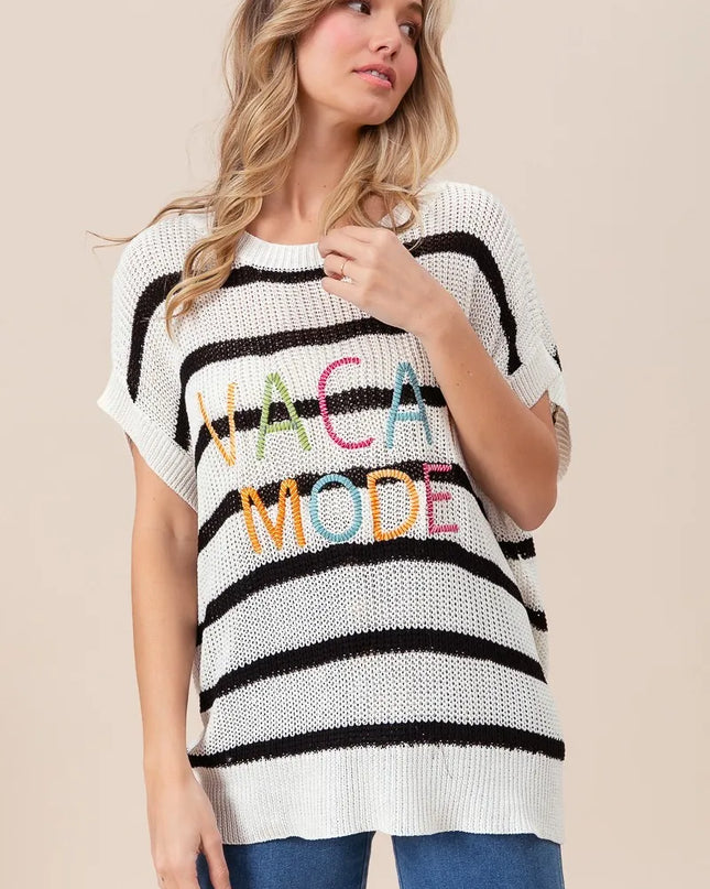 BiBi Vacay Mode Lettering Drop Shoulder Striped Sweater