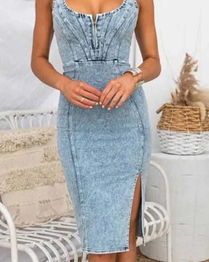 Side Slit Washed Scoop Neck Denim Dress 