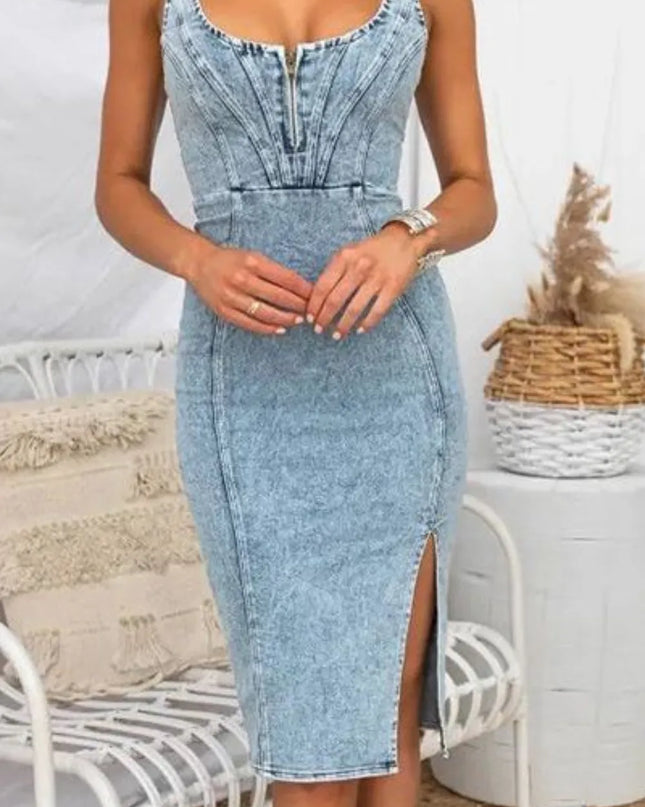 Side Slit Washed Scoop Neck Denim Dress 