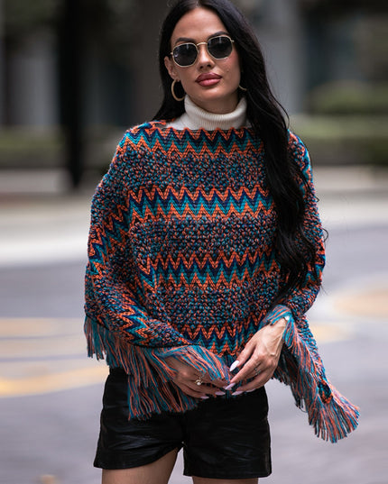 Shiny Fringe Hem Boat Neck Poncho