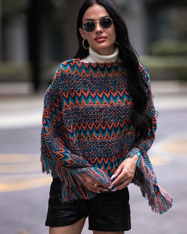 Shiny Fringe Hem Boat Neck Poncho