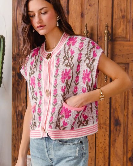 SO ME Button Front Floral and Stripe Knitted Sweater Vest