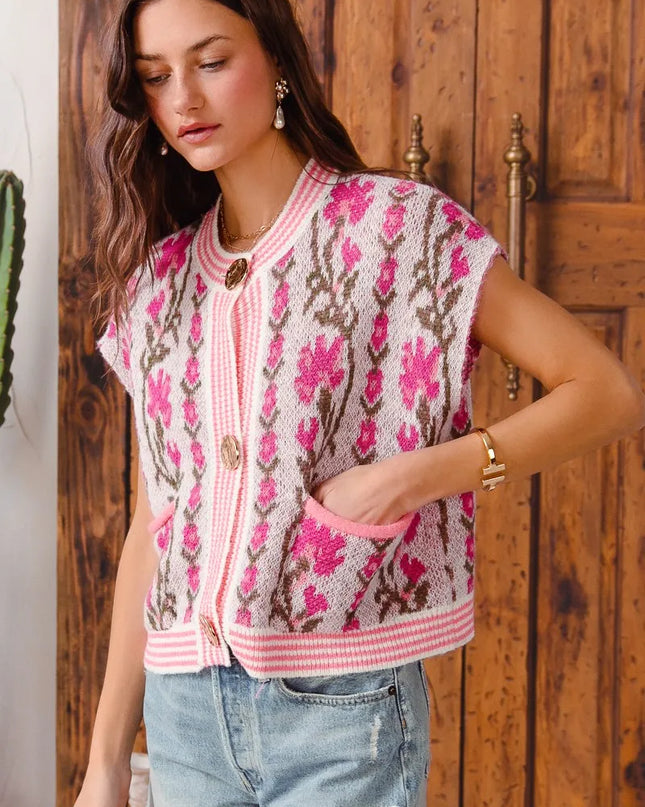 SO ME Button Front Floral and Stripe Knitted Sweater Vest