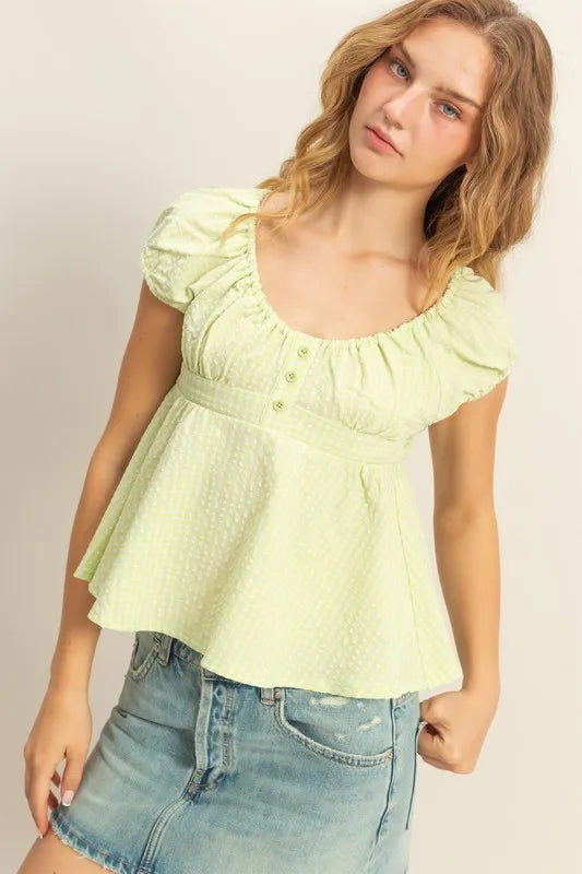 HYFVE Gingham Scoop Neck Cap Sleeve Blouse LIME GREEN
