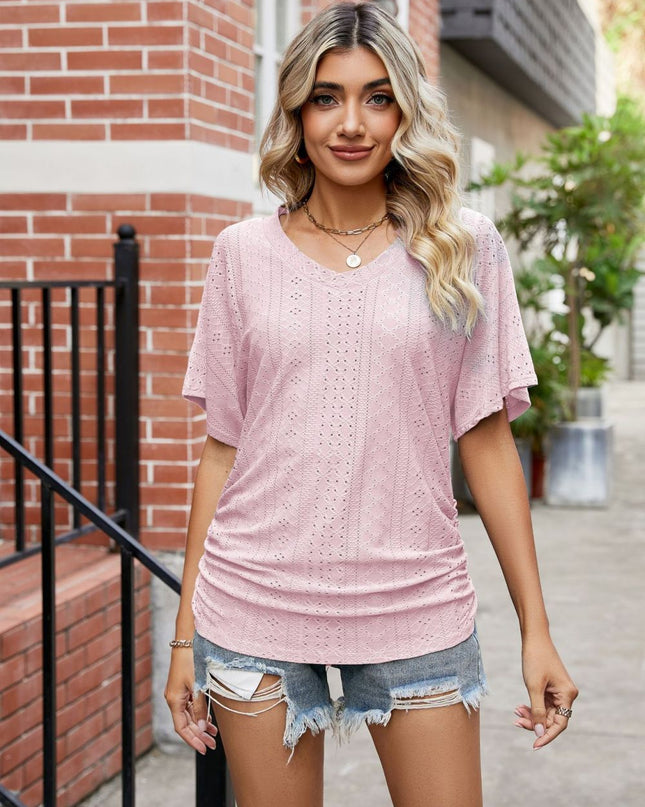 Flutter Sleeve Eyelet Gathered Detail Top Blush Pink