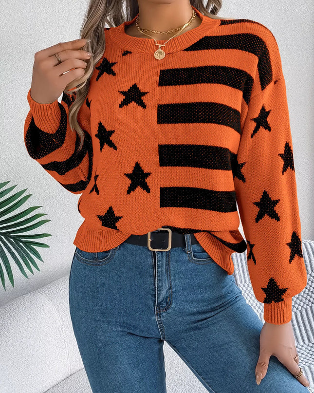 Stars and Stripes Pattern Casual Round Neck Sweater
