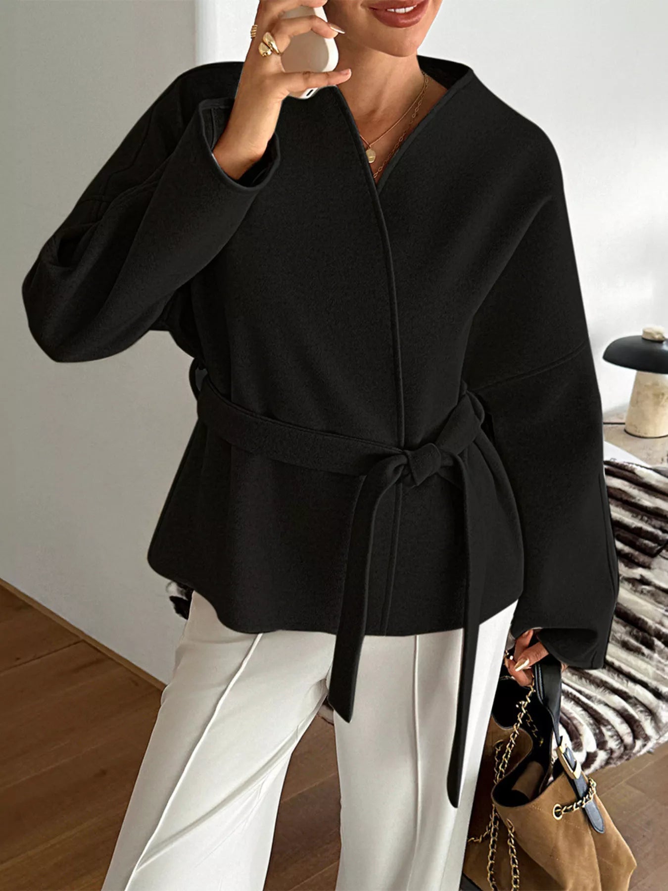 Surplice Dropped Shoulder Tie Belt Outerwear