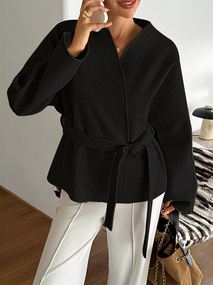 Surplice Dropped Shoulder Tie Belt Outerwear