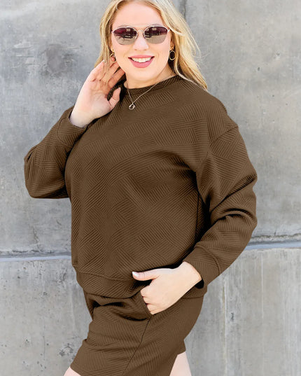 Double Take Full Size Texture Long Sleeve Top and Drawstring Shorts Set