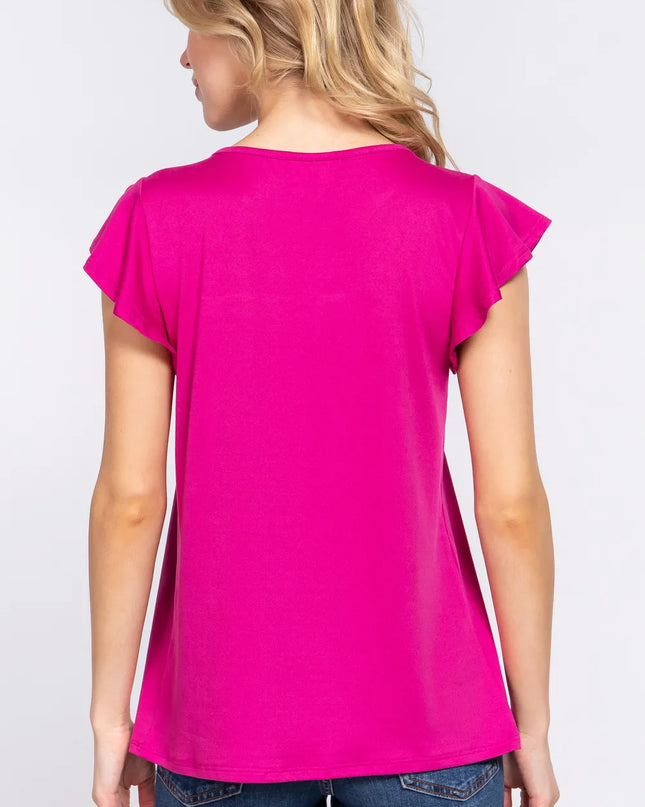 ACTIVE BASIC Ruffle Short Sleeve Lace Detail Knit Top