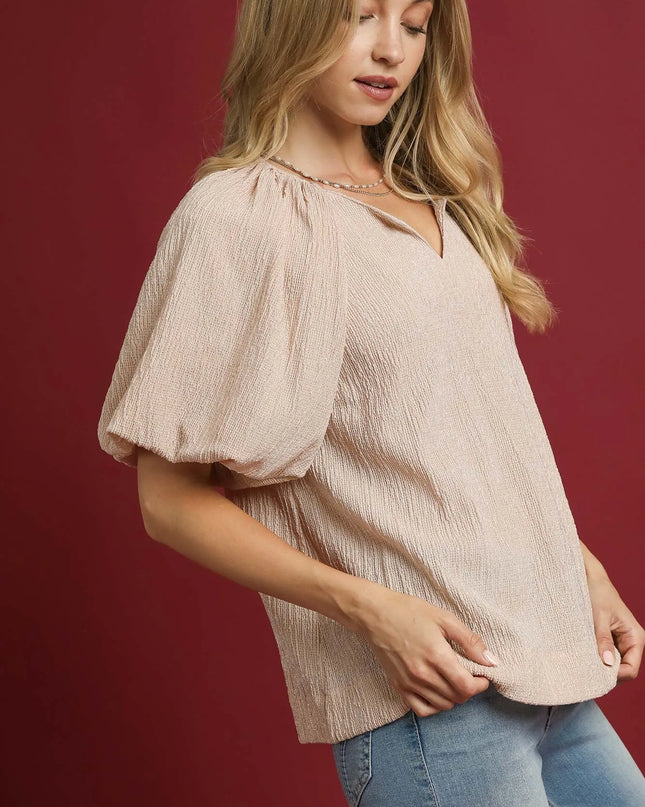 Umgee Texture Puff Sleeve Notched Blouse