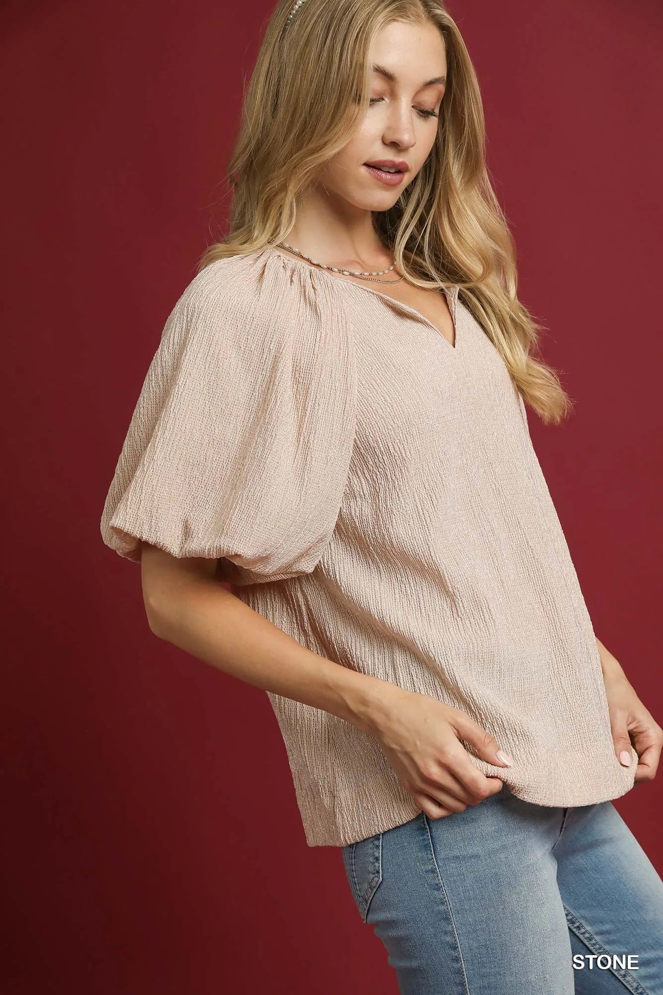 Umgee Texture Puff Sleeve Notched Blouse