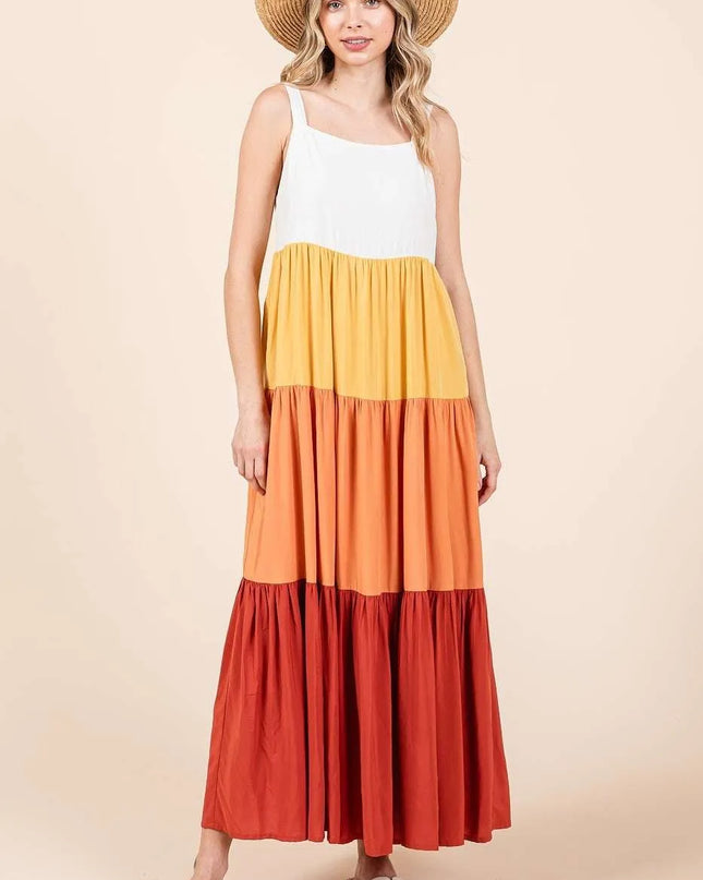 Mittoshop Color Block Tiered Pull-On Maxi Dress APRICOT MULTI