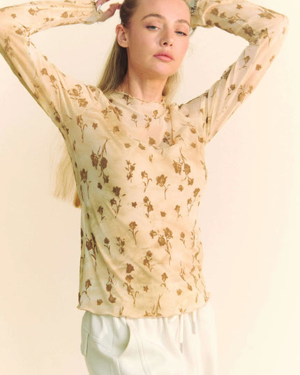 Davi & Dani Floral Mesh Long Sleeve Sheer Layering Top 