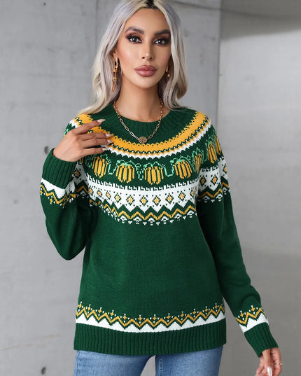 Angel Wings Geometric Round Neck Long Sleeve Sweater Dark Green