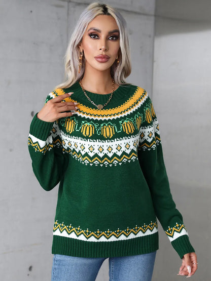 Angel Wings Geometric Round Neck Long Sleeve Sweater Dark Green