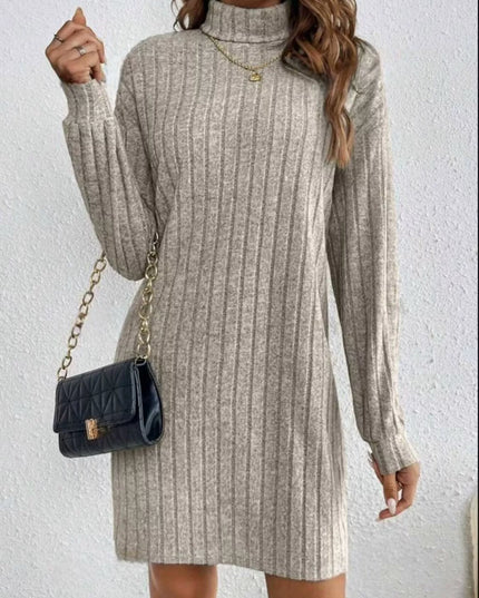 Casual Ribbed Turtleneck Long Sleeve Mini Dress Apricot
