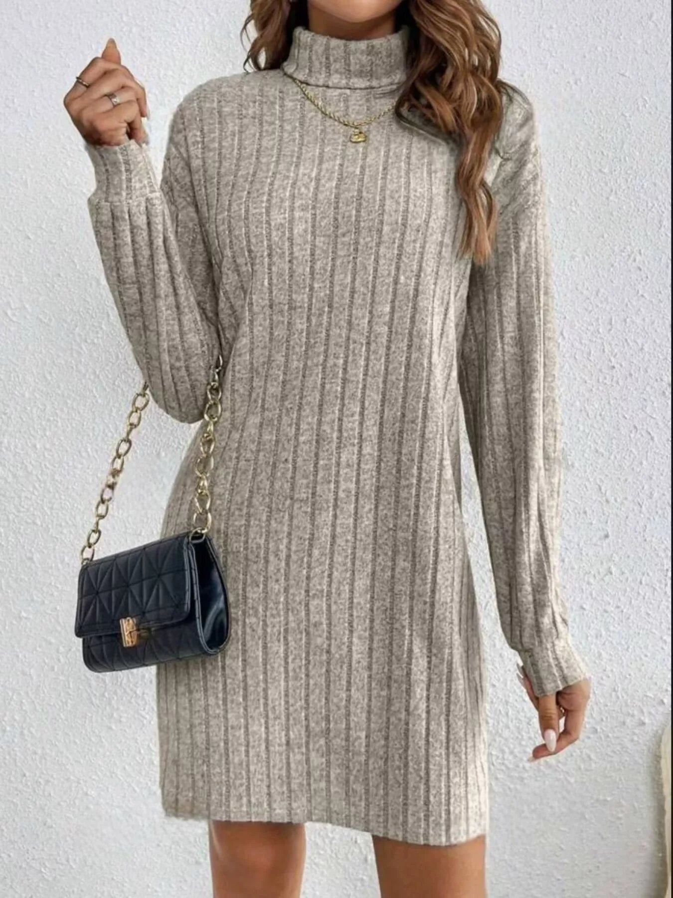 Casual Ribbed Turtleneck Long Sleeve Mini Dress Apricot