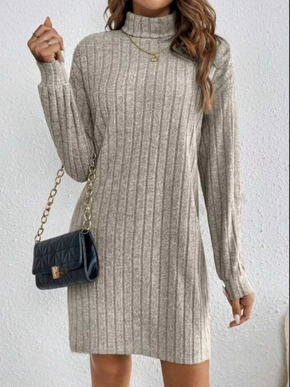 Casual Ribbed Turtleneck Long Sleeve Mini Dress Apricot