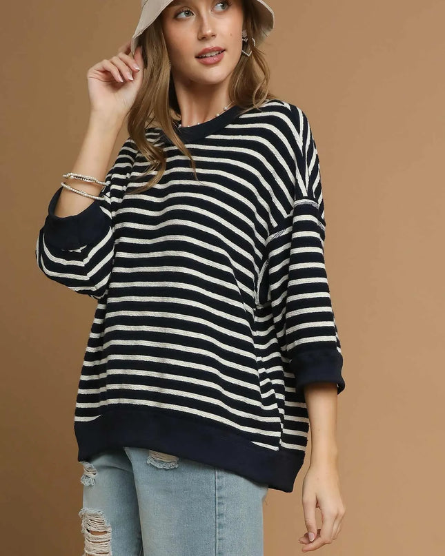 Umgee Ribbed Hem Striped Oversized Knit Top Navy