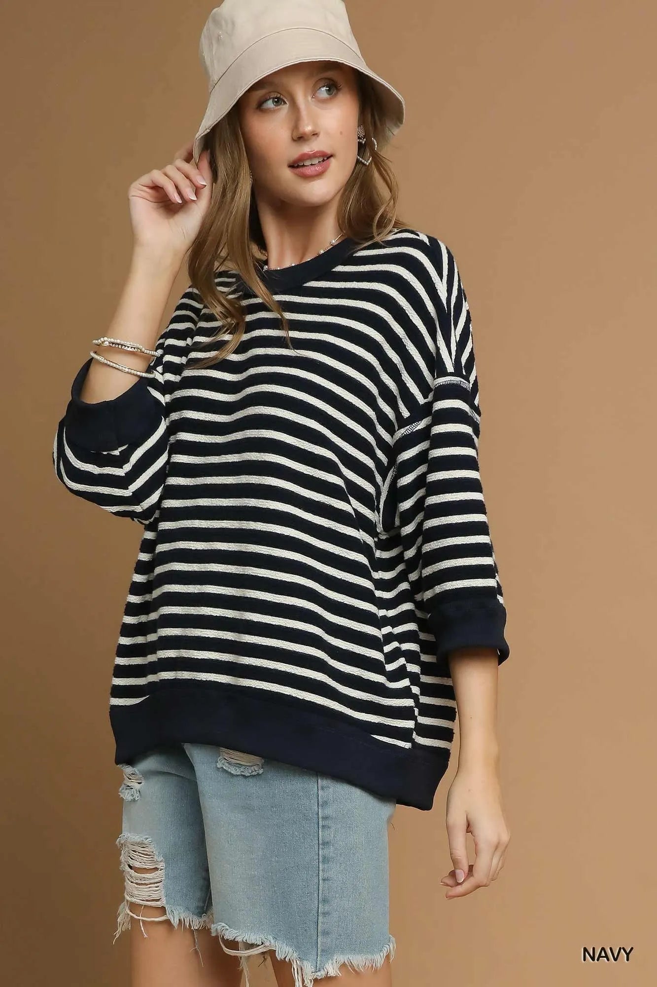 Umgee Ribbed Hem Striped Oversized Knit Top Navy